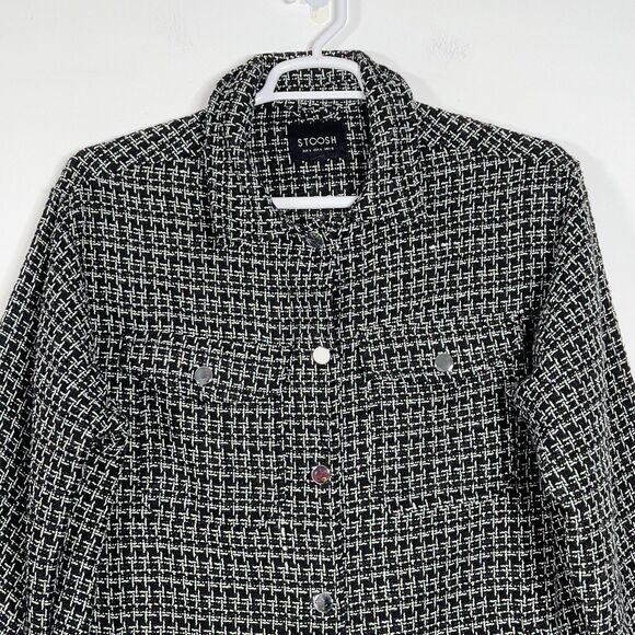 Stoosh Tweed Snap Front Jacket Womens Sz L Black White Check Plaid - Picture 2 of 10